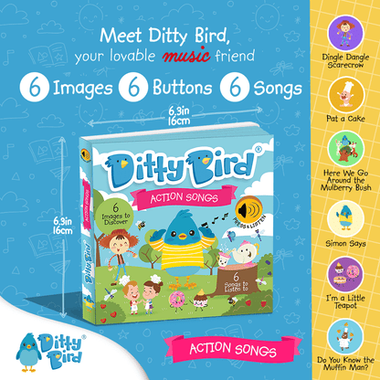 Square image of Ditty Bird UK’s Action Songs, a colorful educational toy book. The cover shows cartoon kids, a blue bird, and trees. Six buttons play toddler favorites like "Simon Says" and "Pat-a-Cake" for ages 1–3.