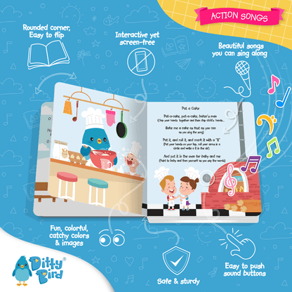 Open Ditty Bird UK "Action Songs" book to a baking-themed page with cartoon birds and kids in a kitchen. Blue background, song notes, early learning features—ideal as baby toys for 6-12 months or a first birthday gift.