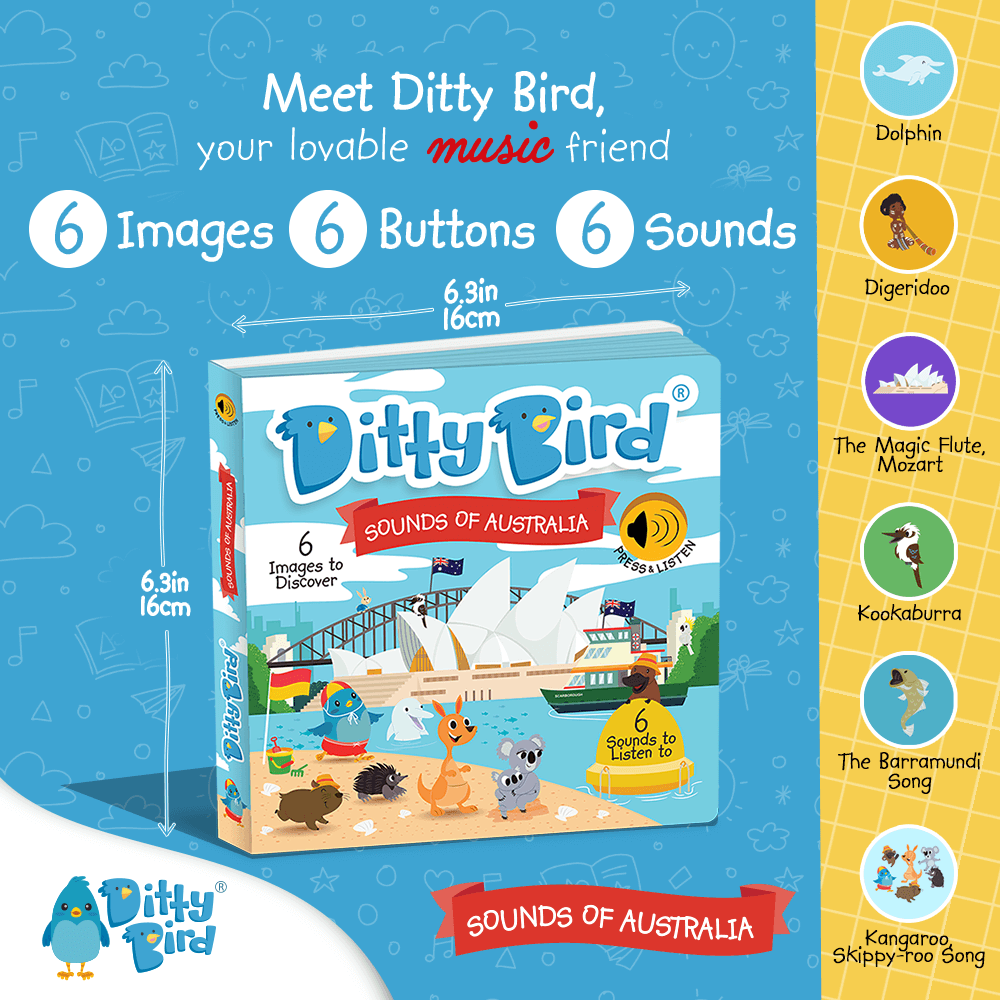 Promotional image for Ditty Bird UK’s "Sounds of Australia" children's sound book—ideal for first birthdays—features cover art with the Sydney Opera House and animals, plus six fun sounds like dolphin, didgeridoo, and kookaburra.