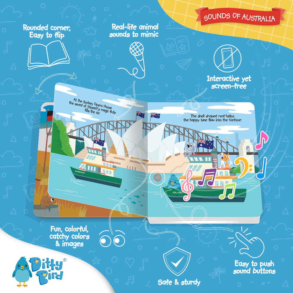 Ditty Bird UK's "Sounds of Australia" is an interactive sound book featuring the Sydney Opera House, Harbour Bridge, boats, and a koala. With animal sounds, vibrant colors, rounded corners, and easy-to-press buttons, it's a fun educational toy for kids.