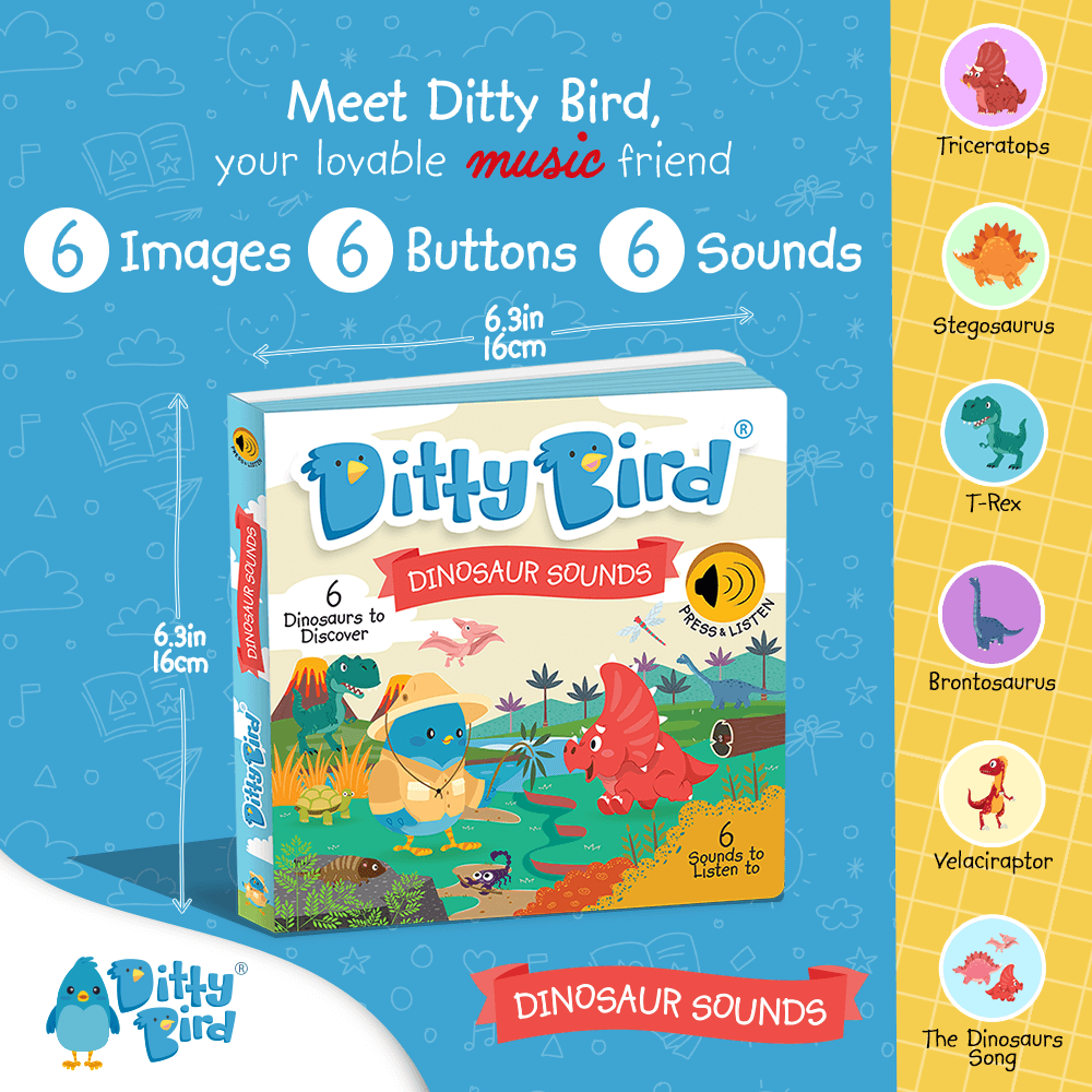 A promotional image for Ditty Bird UK’s Dinosaur Sounds interactive children’s sound book. Featuring 6 dinosaur images and buttons, including Triceratops and T-Rex—an educational toy ideal for early learning and baby toys 6-12 months.