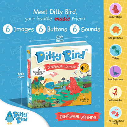 A promotional image for Ditty Bird UK’s Dinosaur Sounds interactive children’s sound book. Featuring 6 dinosaur images and buttons, including Triceratops and T-Rex—an educational toy ideal for early learning and baby toys 6-12 months.