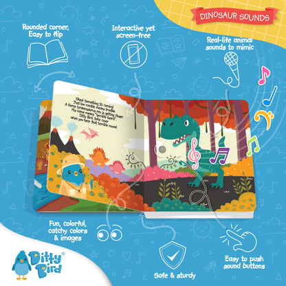 Colorful illustration of the Ditty Bird UK Dinosaur Sounds book with dinosaur scenes, rounded corners, interactive buttons, and fun graphics. Musical notes and animal icons highlight this playful early learning toy—an ideal first birthday gift.
