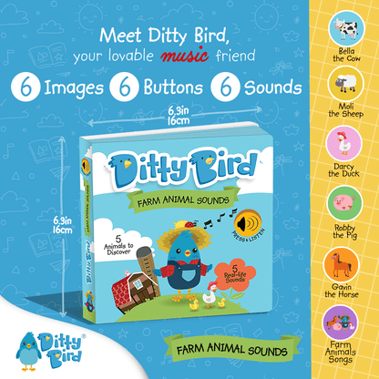 Promotional image for Ditty Bird UK’s "Farm Animal Sounds," an interactive sound book for toddlers 1-3. It displays the cover, size (6.3 in/16 cm), 6 images, 6 buttons, 6 sounds, and features cow, sheep, duck, pig, and horse characters.