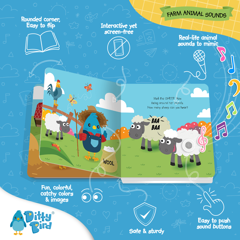 Ditty Bird UK's "Farm Animal Sounds" book shows a blue bird and rooster near “Baa baa” sheep, with music notes and playful icons. Sturdy and safe, it’s the perfect interactive first birthday gift for kids to explore animal sounds.