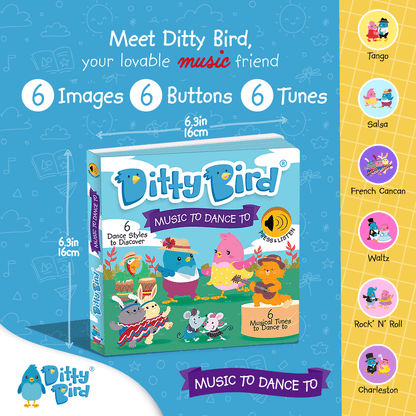 Square image of Ditty Bird UK’s “Music to Dance to” book for kids, featuring colorful dancing birds. Includes 6 images, 6 sound buttons, and 6 tunes like Tango, Salsa, Waltz, Charleston—perfect for early learning and music fun.