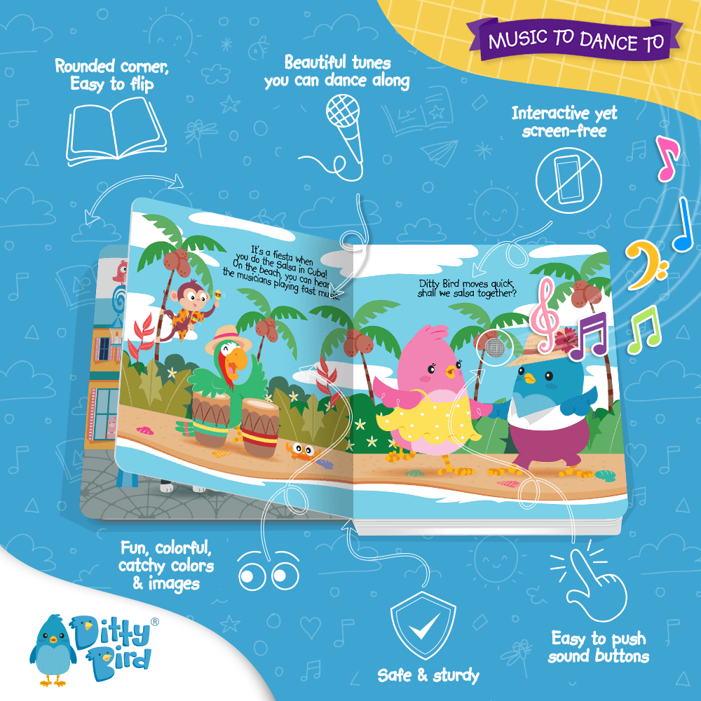 Ditty Bird UK's "Music to Dance to" is an open children’s book featuring illustrated birds dancing on a beach with palm trees and musical notes. Interactive buttons, vibrant colors, and fun music make it an ideal educational toy or first birthday gift.