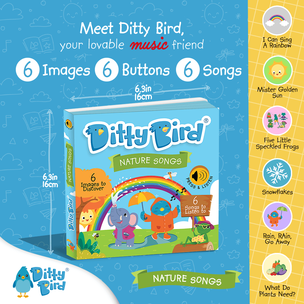 Square book cover for “Nature Songs” by Ditty Bird UK—a musical early learning toy for toddlers featuring animal illustrations, music notes, playful graphics, six song buttons, and song titles on a cheerful yellow background.