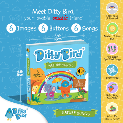 Square book cover for “Nature Songs” by Ditty Bird UK—a musical early learning toy for toddlers featuring animal illustrations, music notes, playful graphics, six song buttons, and song titles on a cheerful yellow background.