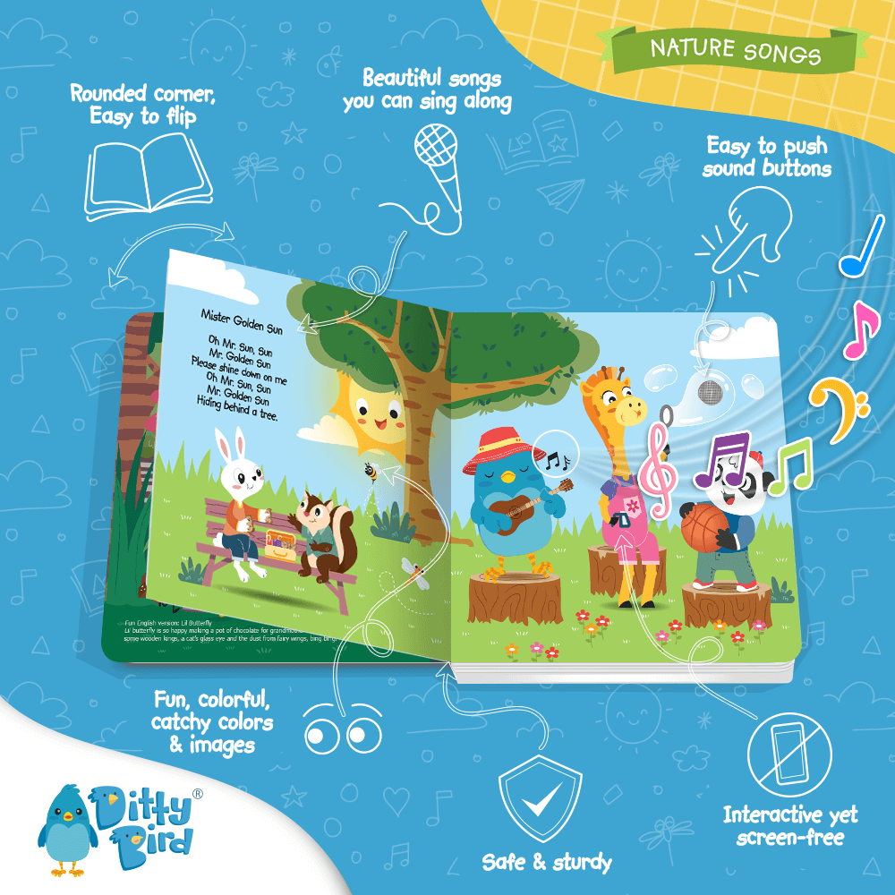 Nature Songs by Ditty Bird UK is an interactive sound book for babies 6-12 months, with easy-to-push buttons, rounded corners, and colorful animal illustrations singing and playing instruments in nature. Ideal as an educational baby toy.