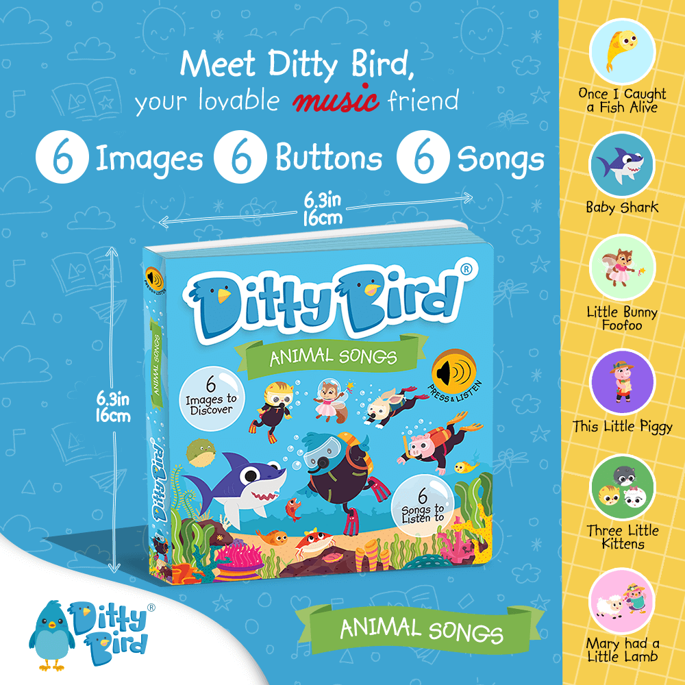 Promotional image for Ditty Bird UK's Animal Songs interactive sound book, showing the cover with animals, song buttons, and six featured songs—an ideal educational toy and first birthday gift for young children.