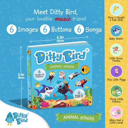 Promotional image for Ditty Bird UK's Animal Songs interactive sound book, showing the cover with animals, song buttons, and six featured songs—an ideal educational toy and first birthday gift for young children.