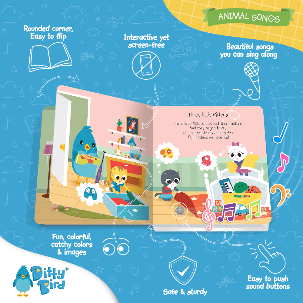 Ditty Bird UK’s Animal Songs is an open children’s book with rounded corners, sound buttons, and sing-along animal songs—an interactive and educational toy, perfect as a first birthday gift.