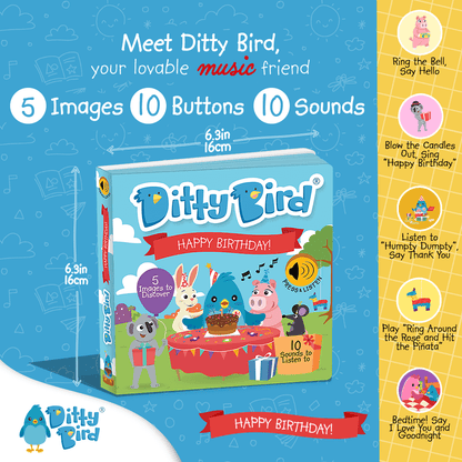 Vibrant promo image for Ditty Bird UK’s Happy Birthday book, showing cartoon animals, a party scene, music notes, and cake. This interactive sound book has 5 images and 10 musical buttons—ideal as an educational toy or for fans of musical books.