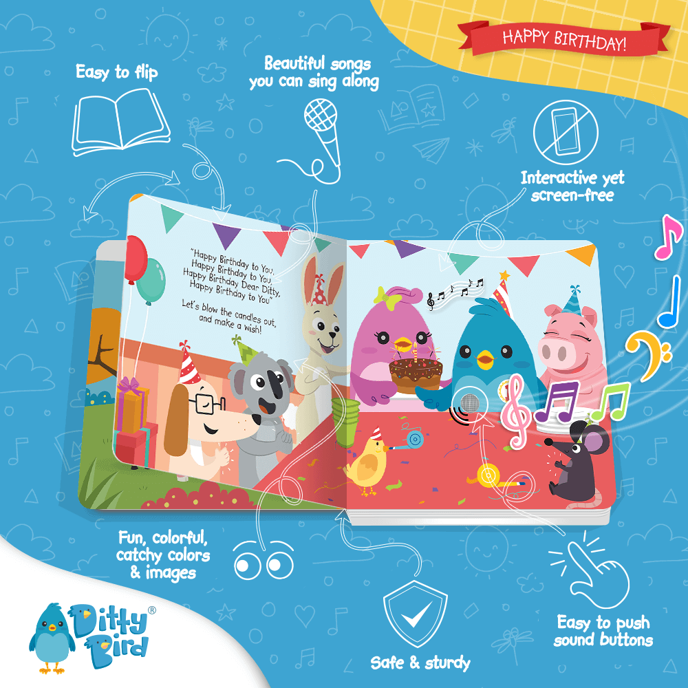 Happy Birthday by Ditty Bird UK is an illustrated children’s book with animal characters at a party, wearing hats and singing. A colorful background with balloons and music notes highlights its interactive sound and early learning features.