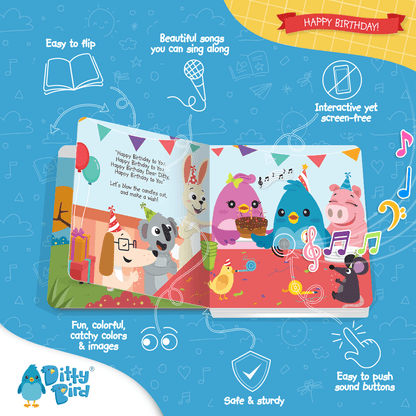 Happy Birthday by Ditty Bird UK is an illustrated children’s book with animal characters at a party, wearing hats and singing. A colorful background with balloons and music notes highlights its interactive sound and early learning features.