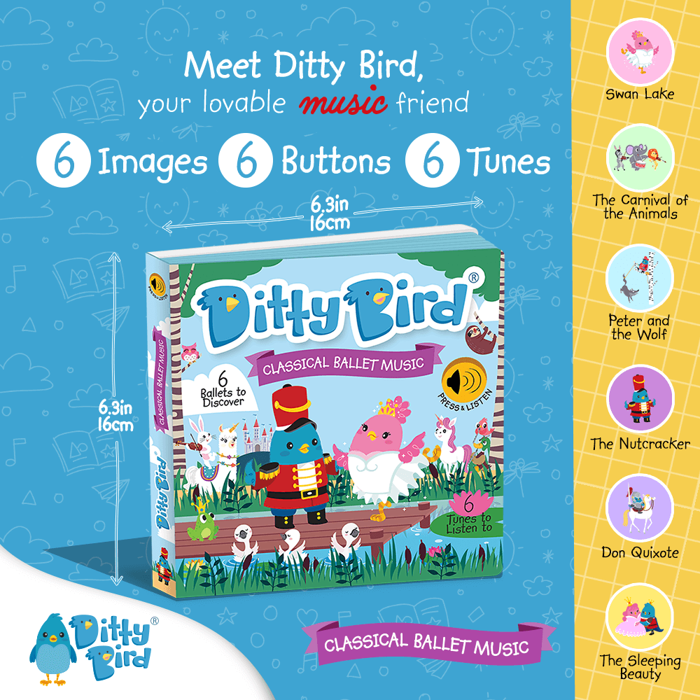 Colorful ad for Ditty Bird UK’s Classical Ballet Music, an interactive sound book with playful birds and 6 classical tunes—ideal as an educational toy or a first birthday gift.