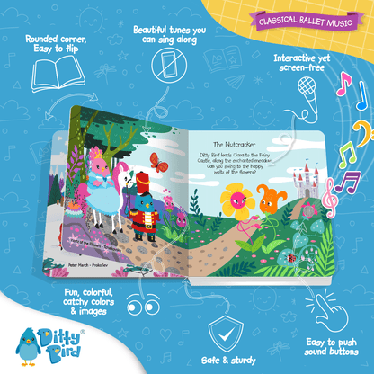 An open Ditty Bird UK “Classical Ballet Music” book shows vibrant animal characters in a garden. With rounded corners, interactive buttons, and sturdy design, it's an ideal first birthday gift or a top musical toy for toddlers aged 1-3.