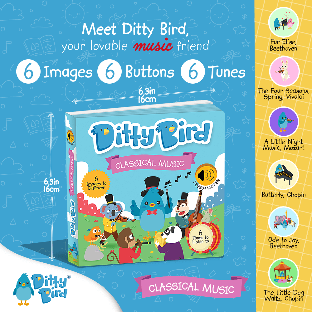 Square image of Ditty Bird UK's "Classical Music" interactive book for toddlers 1-3. The cover features playful children and a blue bird; side panel highlights songs like “Fur Elise” and “Butterfly.” Ideal musical toy for young children.