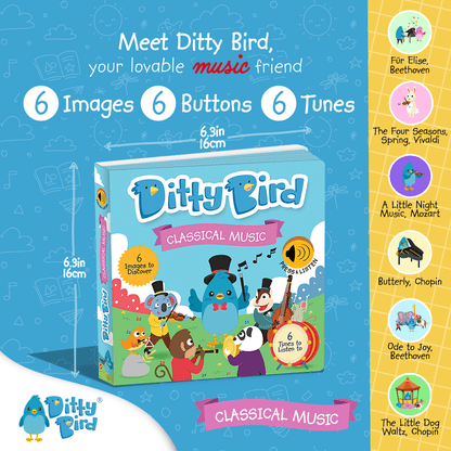 Square image of Ditty Bird UK's "Classical Music" interactive book for toddlers 1-3. The cover features playful children and a blue bird; side panel highlights songs like “Fur Elise” and “Butterfly.” Ideal musical toy for young children.