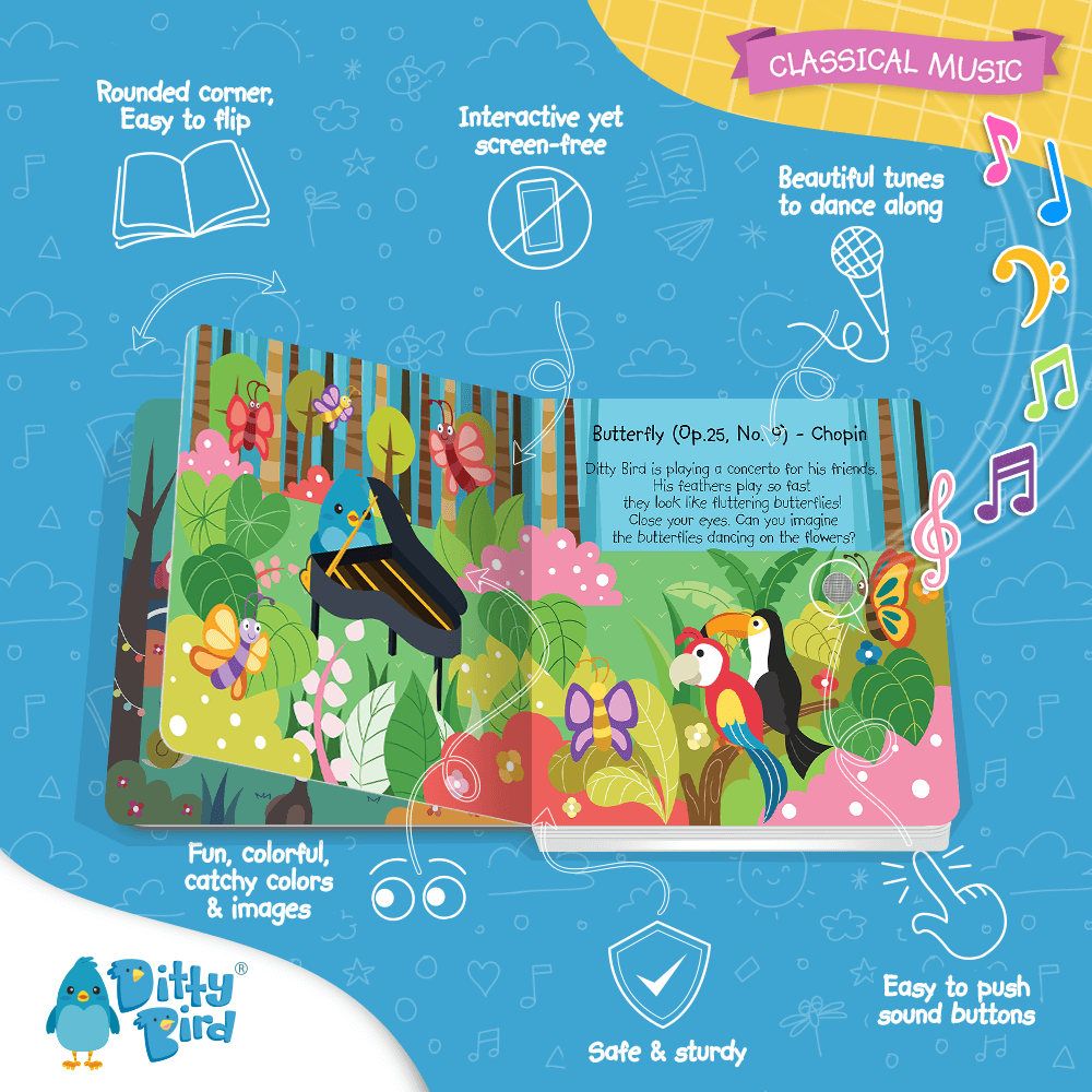 Ditty Bird UK’s "Classical Music" is a colorful children’s sound book with rounded corners, sturdy design, interactive buttons, catchy classical tunes, and beautiful artwork—a fun educational toy featuring a bird pressing a button.