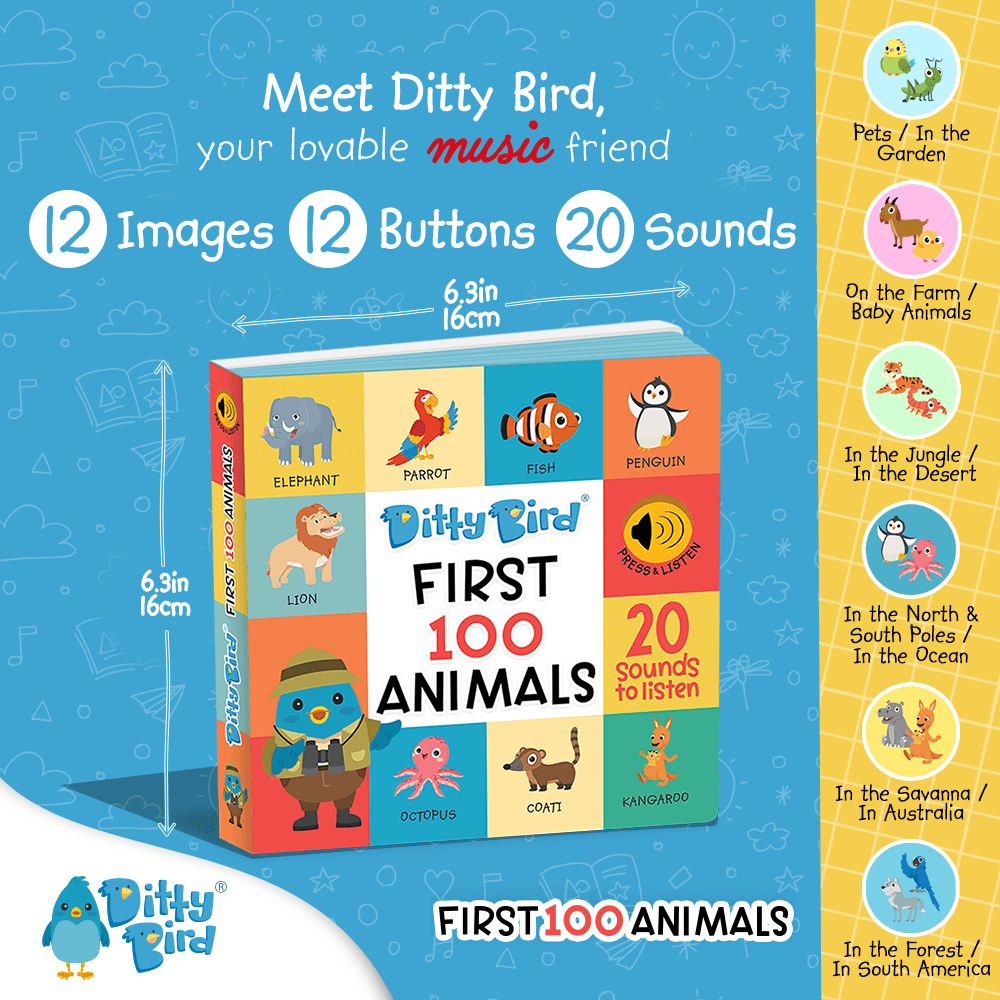 The Ditty Bird UK 100 Animals Sound Book is an educational toy featuring 12 sound buttons, 20 sounds, and animal illustrations from categories like pets, jungle, and ocean. Text highlights its interactive features.