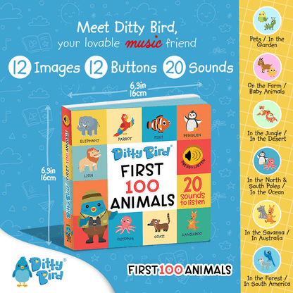 The Ditty Bird UK 100 Animals Sound Book is an educational toy featuring 12 sound buttons, 20 sounds, and animal illustrations from categories like pets, jungle, and ocean. Text highlights its interactive features.