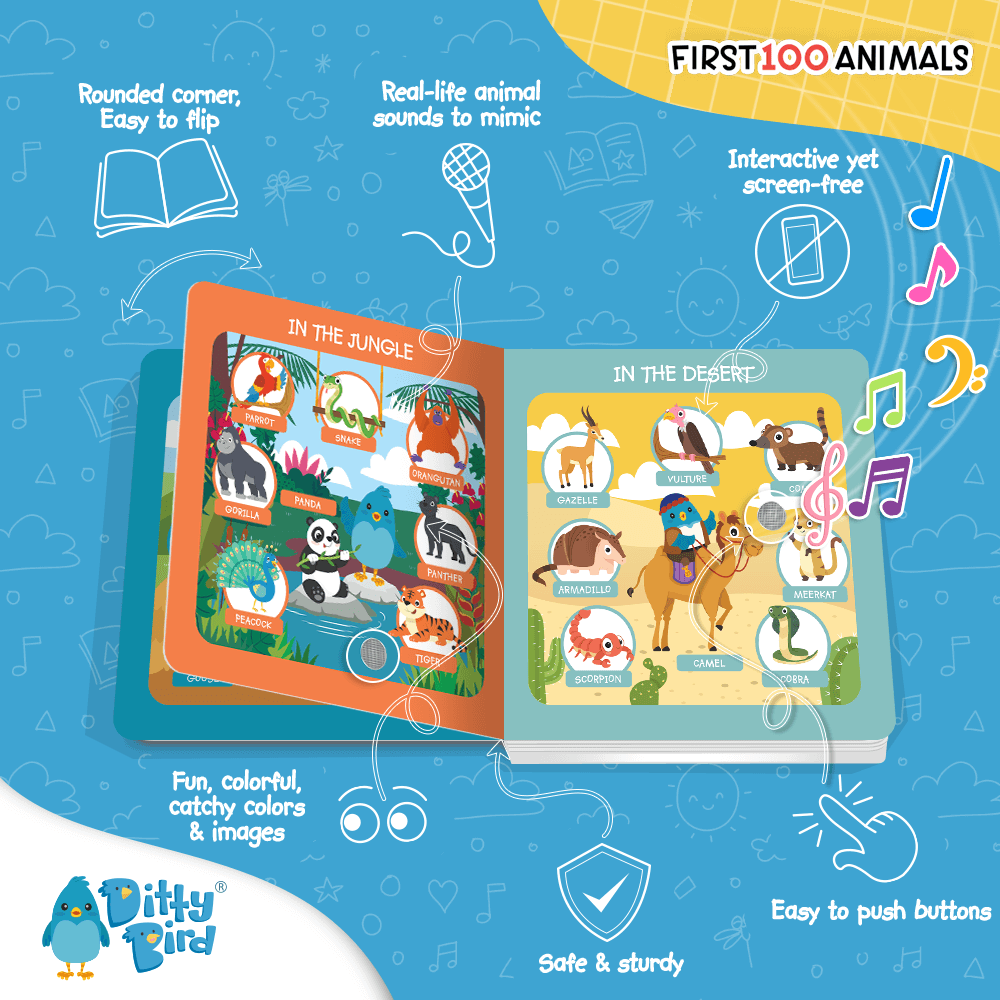 The Ditty Bird UK 100 Animals Sound Book features vibrant animal illustrations labeled “In the Jungle” and “In the Desert.” With music buttons, sound effects, and a sturdy build, it’s an ideal early learning musical toy for toddlers ages 1-3.