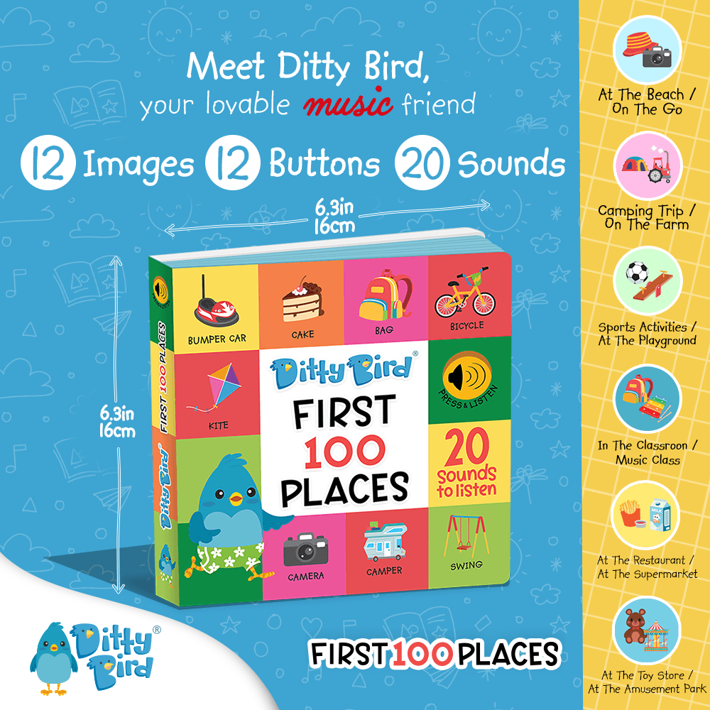 Ditty Bird UK 100 Places Sound Book: square cover with a blue bird, colorful icons, and text showing 12 images, 12 buttons, and 20 sounds. An educational toy—ideal first birthday gift for babies aged 6-12 months.