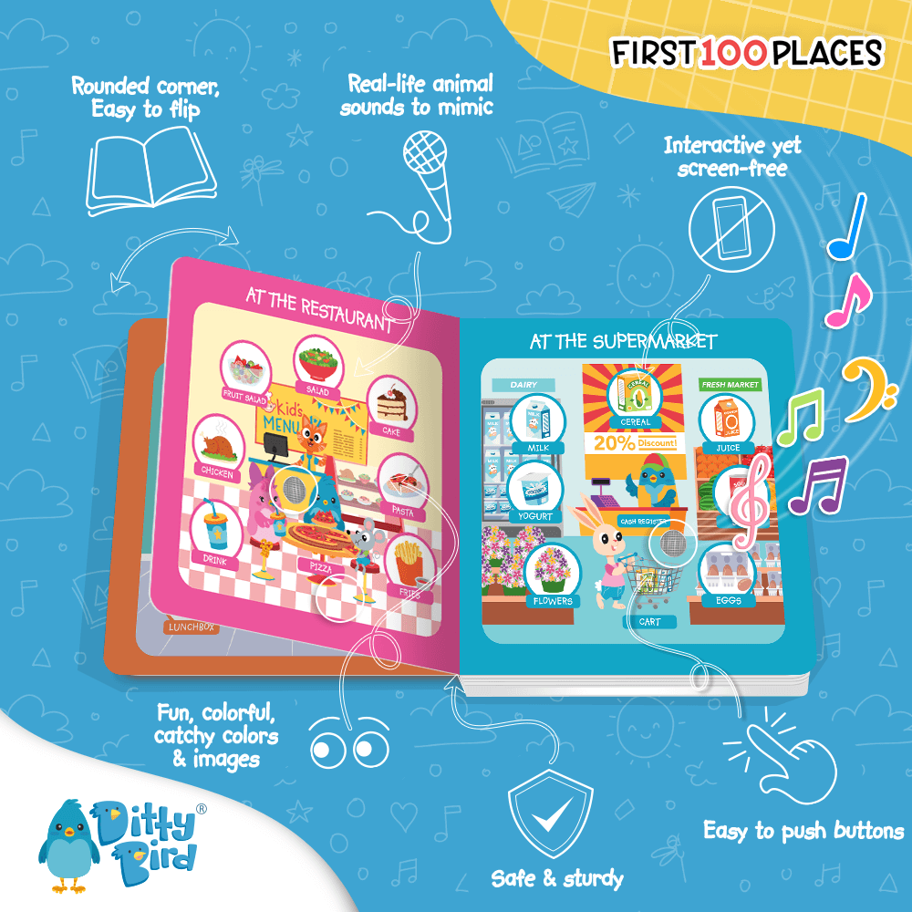 Open Ditty Bird UK's 100 Places Sound Book, showing vibrant pages about restaurants and supermarkets with playful icons for rounded corners and easy-turn pages—an engaging early learning toy shown on a blue background.
