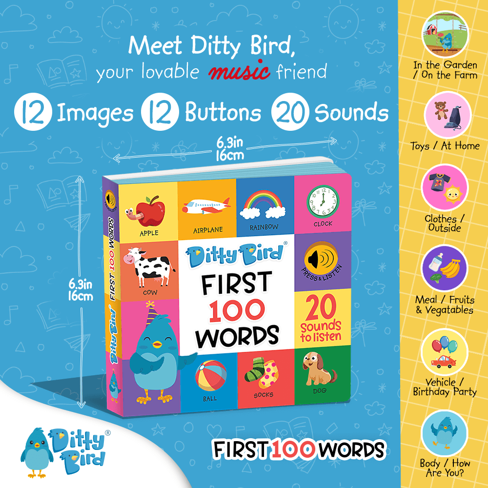 Vibrant promo for Ditty Bird UK 100 Words Sound Book—ideal for early learning and top baby toy for ages 6-12 months. Includes 12 images, 12 buttons, 20 sounds, and themed word categories to engage kids.