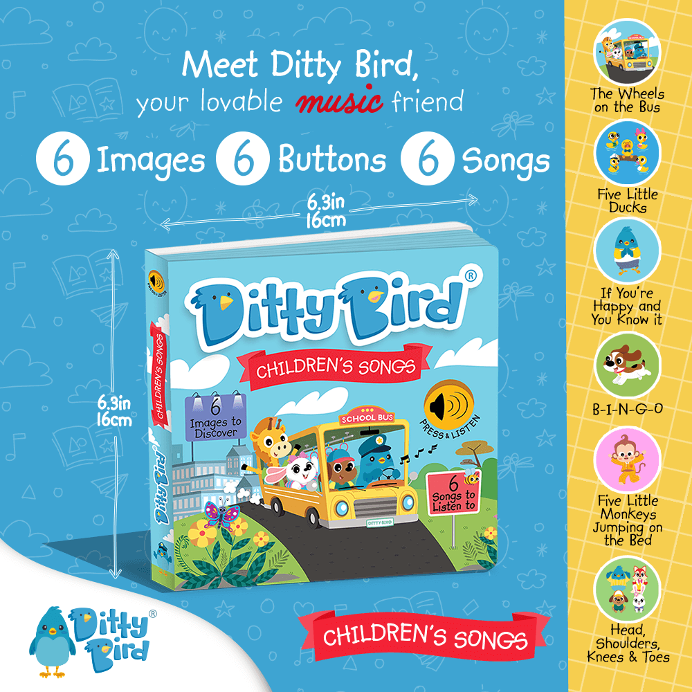 Colorful promo image for Ditty Bird UK’s Children’s Songs sound book, an educational toy with a cartoon bus, animal passengers, 6 songs, interactive buttons—ideal as a first birthday or baby gift for ages 6–12 months.