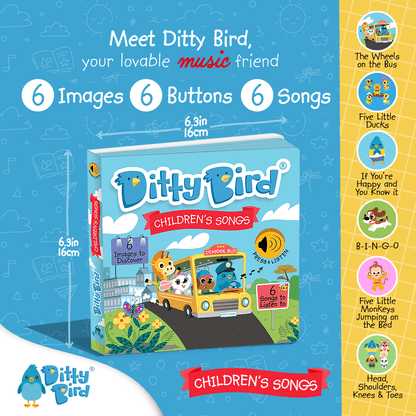 Colorful promo image for Ditty Bird UK’s Children’s Songs sound book, an educational toy with a cartoon bus, animal passengers, 6 songs, interactive buttons—ideal as a first birthday or baby gift for ages 6–12 months.
