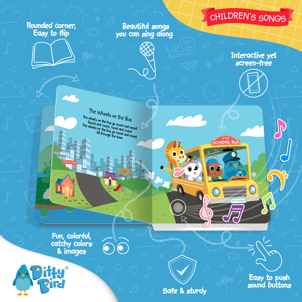 An illustration of Ditty Bird UK’s "Children's Songs" book, showing animal characters on a yellow school bus—an ideal first birthday gift with playful graphics, sound buttons, early learning features, and a colorful, safe design.